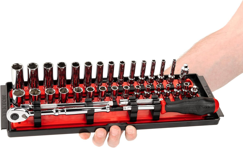 TEKTON 1/4 Inch Drive 6-Point Socket and Ratchet Set with Rails and Tray, 35-Piece (4-15 mm) | SKT03201