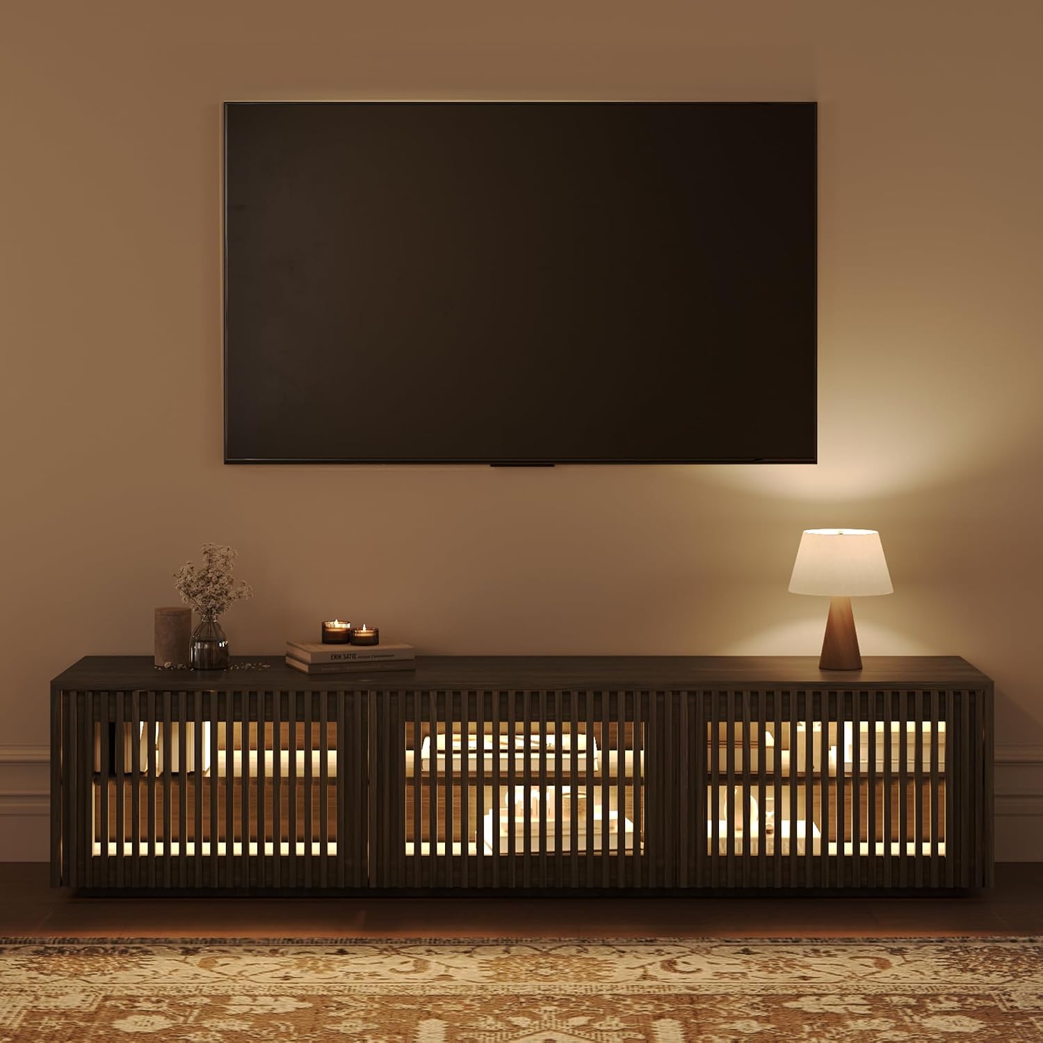 POVISON Mid Century Modern Wood Slatted TV Stand with LED Lights, Media Console for 70+ Inch TV, Entertainment Center with Storage Cabinet for Living Room, Fully-Assembled (Black, 70.87')
