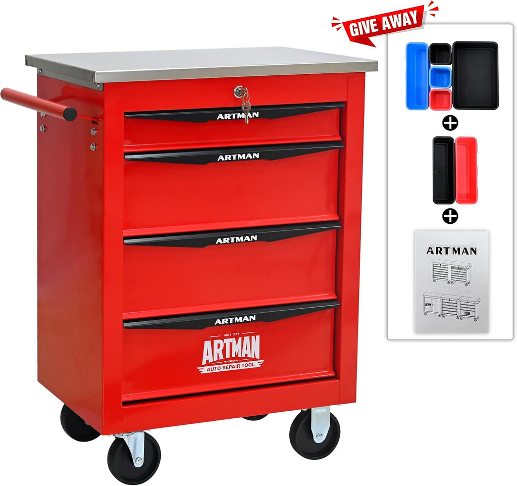 RYH 4/5/6/7 Drawers Rolling Tool Chest -Heavy Duty Mobile Metal Tool Box with Locking Wheels, with Stainless Steel Worktop, Garage Tool Storage Cabinet (Red, 4-Drawers 30.7' H×22.2' W)
