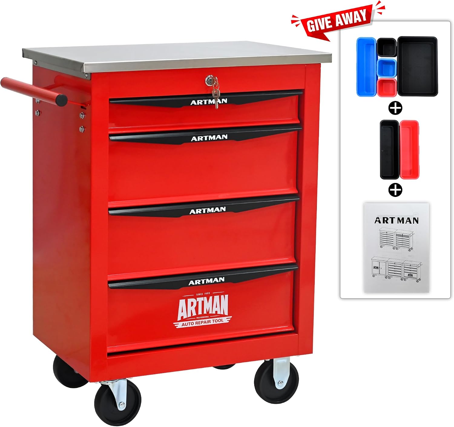 RYH 4/5/6/7 Drawers Rolling Tool Chest -Heavy Duty Mobile Metal Tool Box with Locking Wheels, with Stainless Steel Worktop, Garage Tool Storage Cabinet (Red, 4-Drawers 30.7' H×22.2' W)