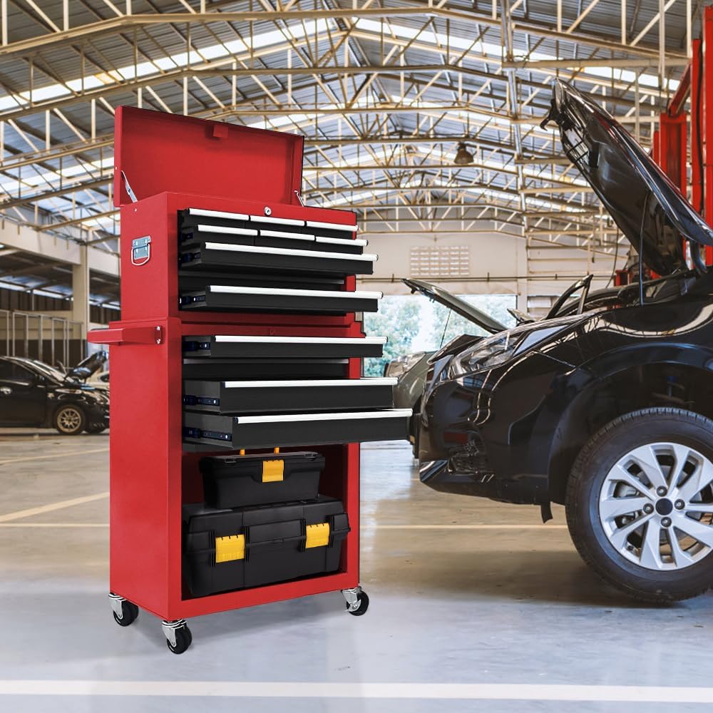 13-Drawer Tool Chest with Wheels, 2 in 1 Detachable Rolling Toolbox with Drawers, Large Tool Box with Lock, Mobile Steel Tool Cabinet Storage for Warehouse, Garage (Red&Black)