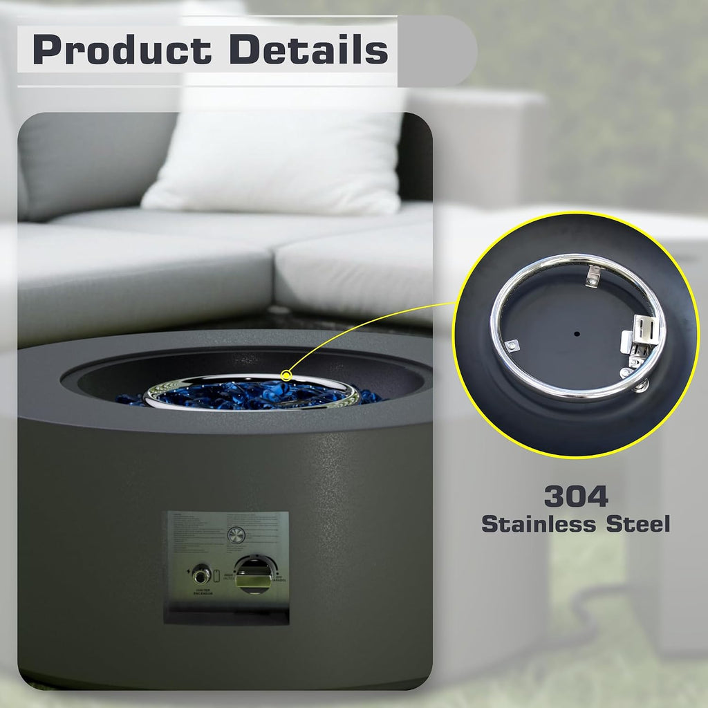 2-Piece 30' LED Round Propane Fire Pit for Outside Patio with Hidden Tank Table, 50,000 BTU Fireplaces with Lid, Glass Rocks, Cover(Dark Grey w/Golden Light)