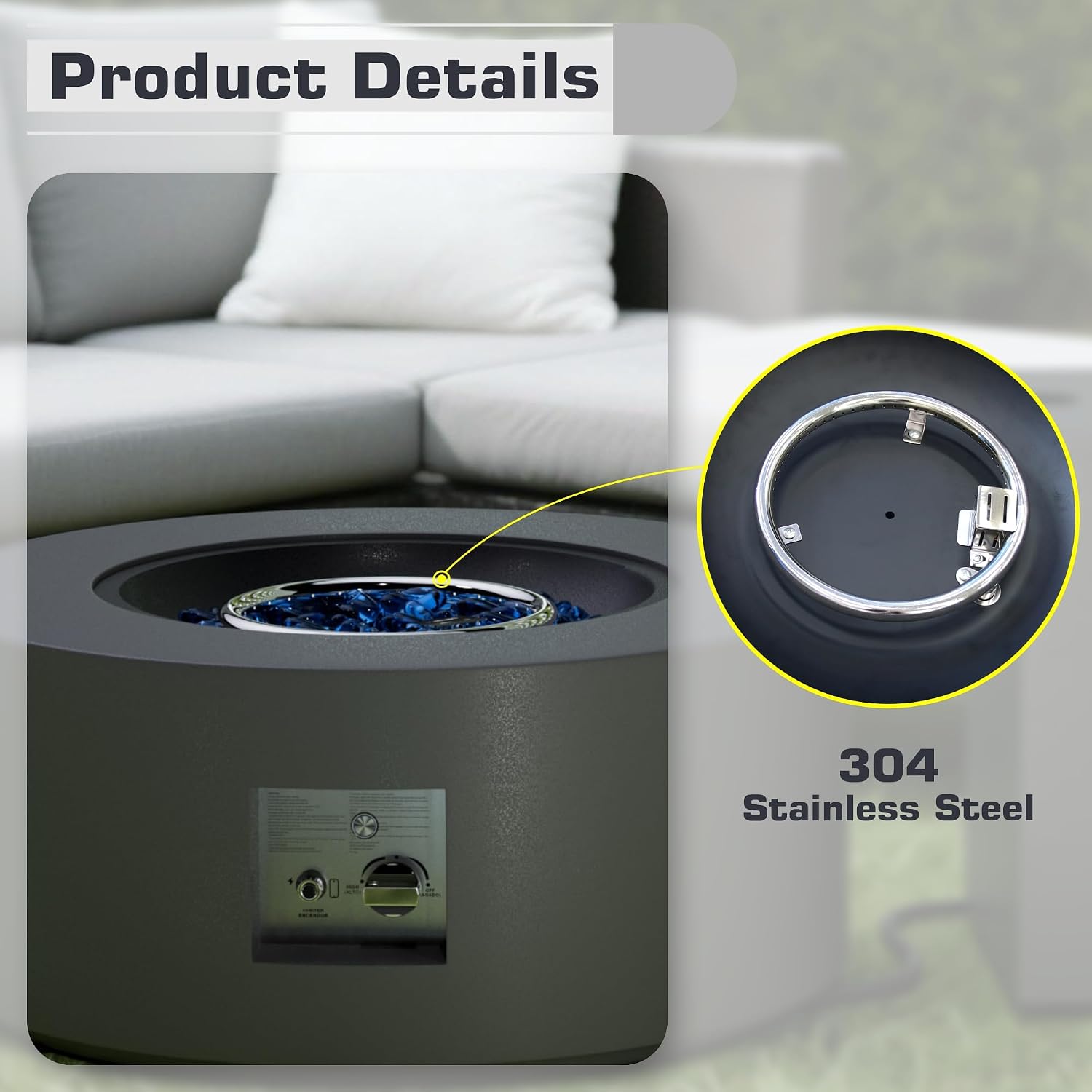2-Piece 30' LED Round Propane Fire Pit for Outside Patio with Hidden Tank Table, 50,000 BTU Fireplaces with Lid, Glass Rocks, Cover(Dark Grey w/Golden Light)