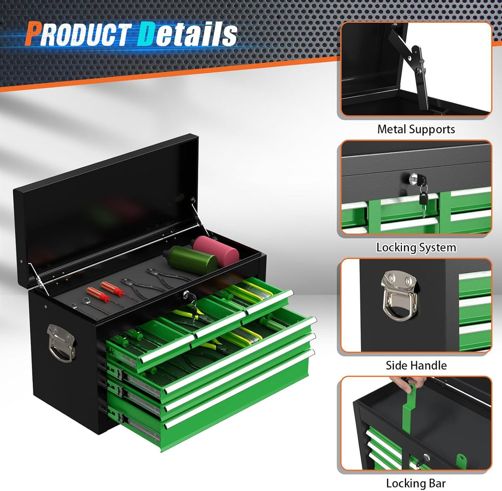 8-Drawer Rolling Tool Chest with Wheels, 2-in-1 Detachable Tool Box with Drawers and Large Cabinet, Rolling Tool Chest Storage Cabinet with Lockable for Warehouse, Garage, Workshop (BlackGreen)