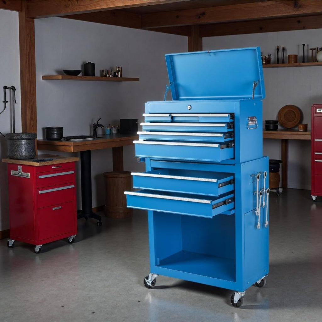 Tool Chest, 8-Drawers Rolling Tool Storage Cabinet with 2-in-1 Detachable Tool Box, Liner, Lockable Wheels, Side Hooks, Multifunctional Metal Tool Cart for Garage Workshop, Blue