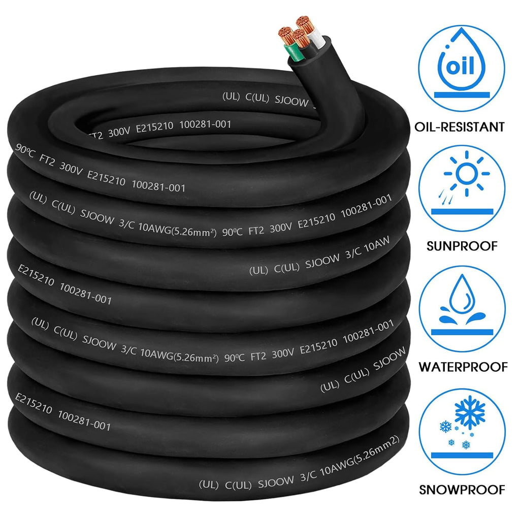 100ft 10/3 Wire 10 AWG SJOOW Wire Cable,10 Gauge Portable Power Cable 300V 3 Conductor SJOOW Cord for Motor Lead,Generator,Welder,NEMA14-30 RV Outlet Box,Battery Charger-Industrial Outdoor Use