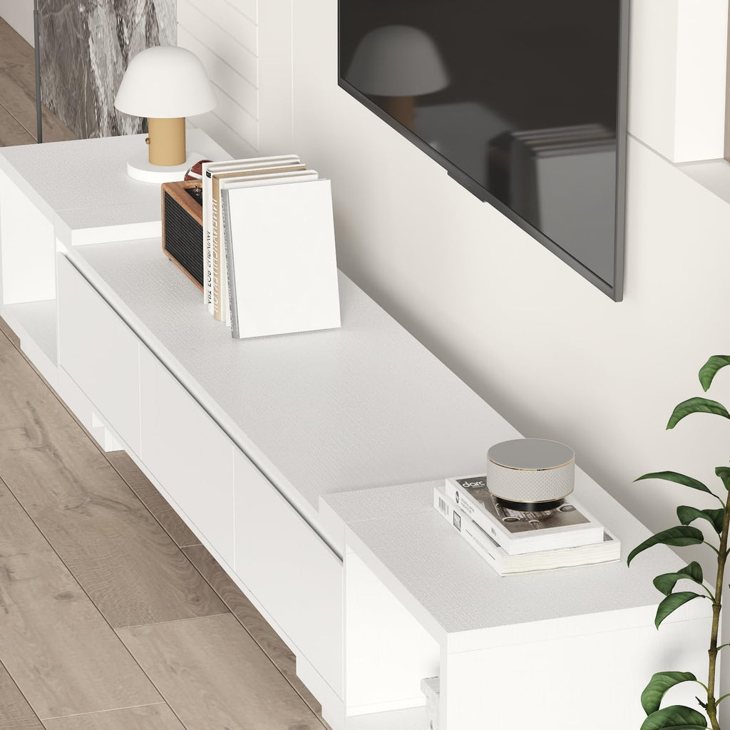 AIEGLE Deformable TV Console with 3 Drawers, Modern Extendable TV Stand in Stretch of 65'-106' Wide, Wood Media Gaming Entertainment Center, White