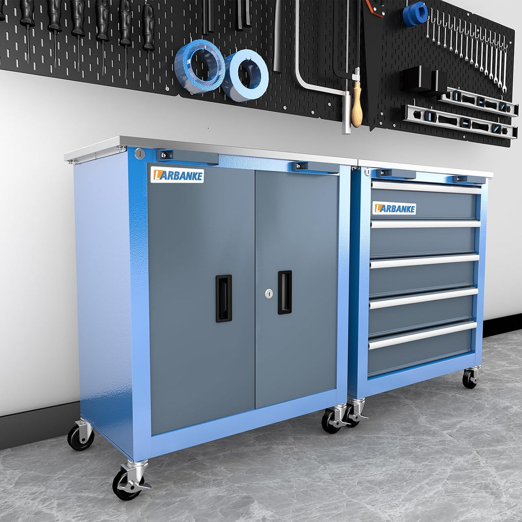 LARBANKE Combination Tool Chest with Lock,5-Drawer/2 Door Tool Cabinet can be Interconnected,Rolling Tool Chest with Wheels and Padded Feet,with Stainless Steel Protective Film Countertop