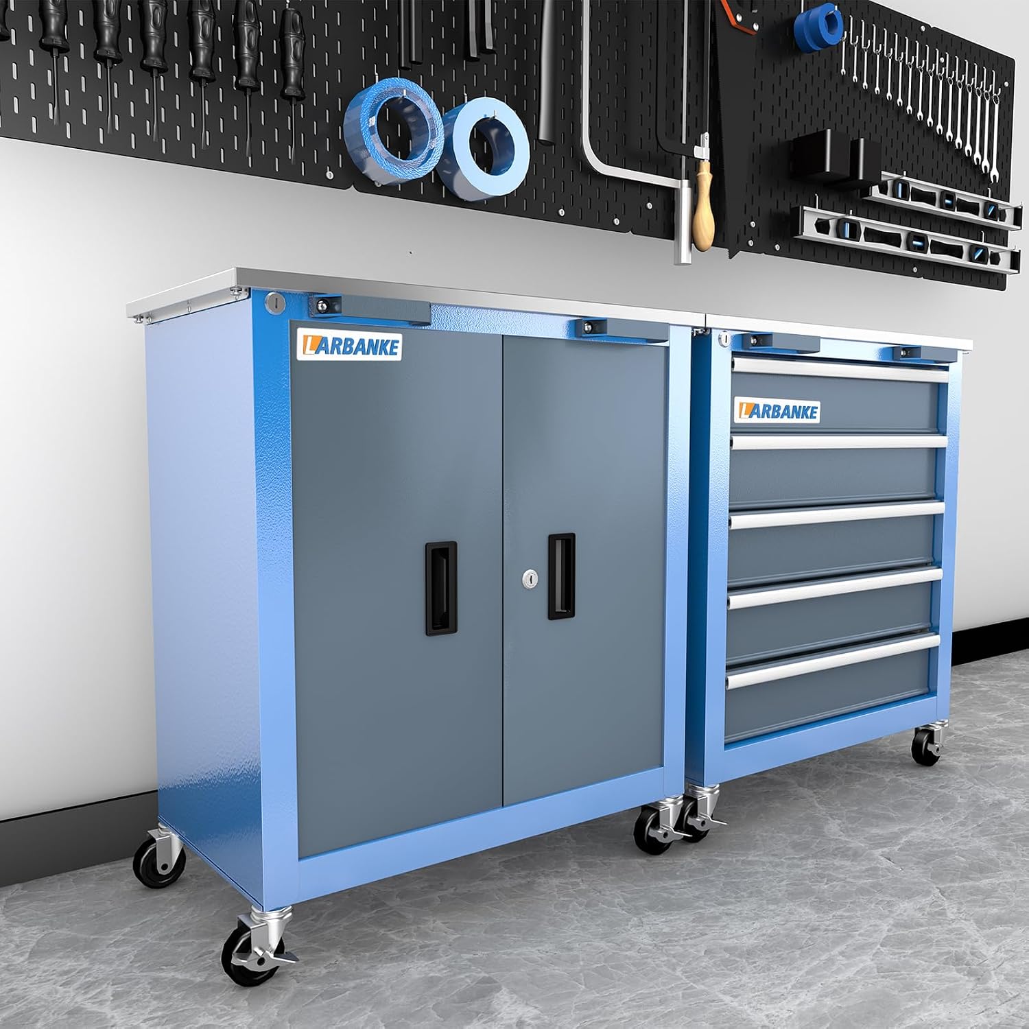 LARBANKE Combination Tool Chest with Lock,5-Drawer/2 Door Tool Cabinet can be Interconnected,Rolling Tool Chest with Wheels and Padded Feet,with Stainless Steel Protective Film Countertop