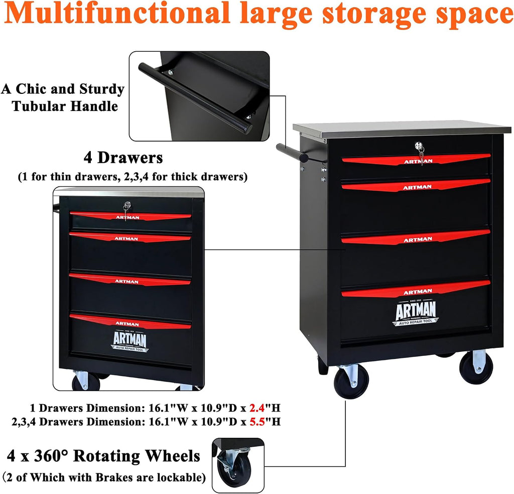 4 Drawers Tool Cart on Wheels, Stainless Steel Countertop Multifunctional Rolling Tool Storage Chest, Drawer Rolling Trolley Organizer Tool Box for Garage,Workshop(4 Drawers-Black)