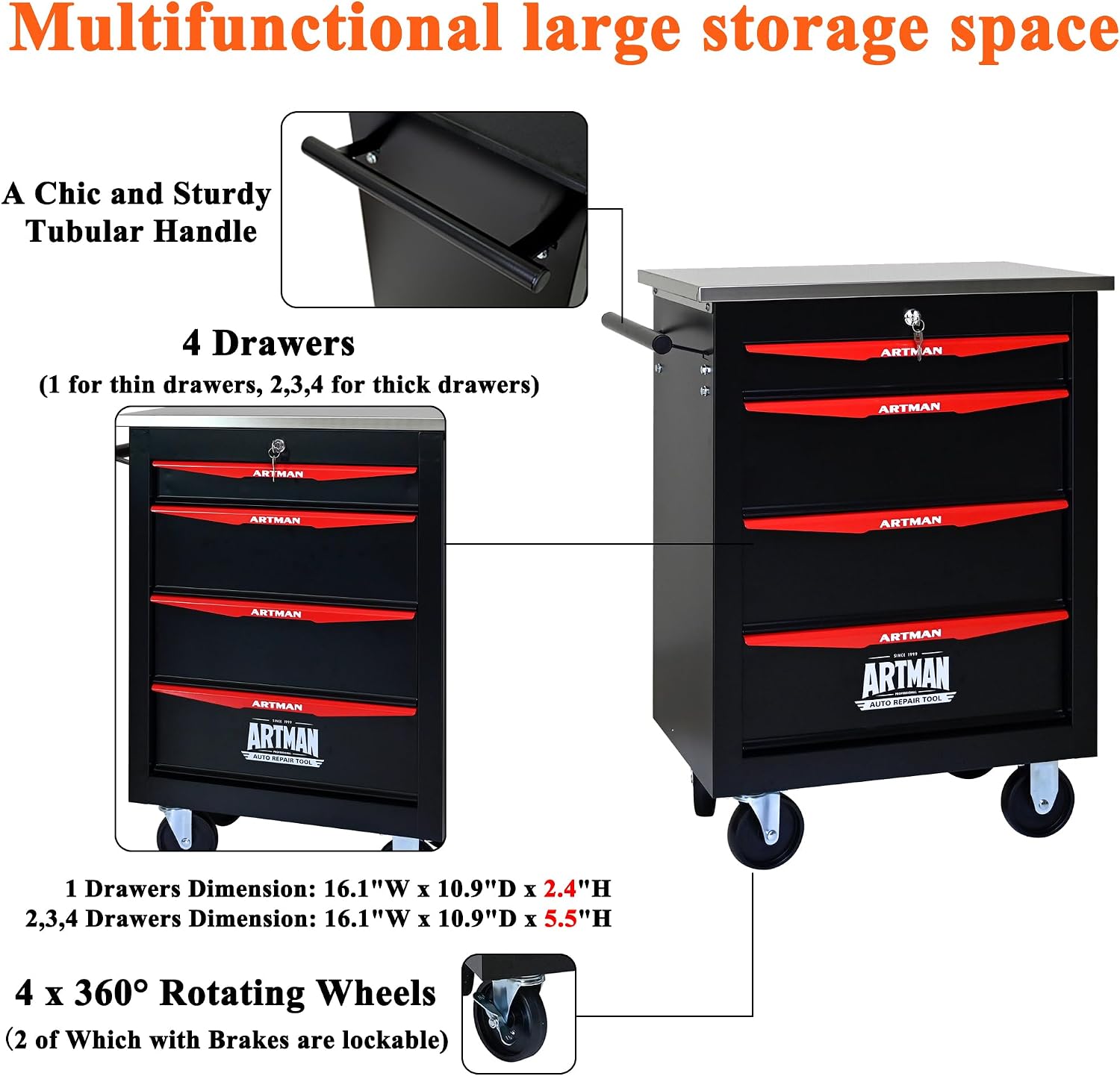4 Drawers Tool Cart on Wheels, Stainless Steel Countertop Multifunctional Rolling Tool Storage Chest, Drawer Rolling Trolley Organizer Tool Box for Garage,Workshop(4 Drawers-Black)