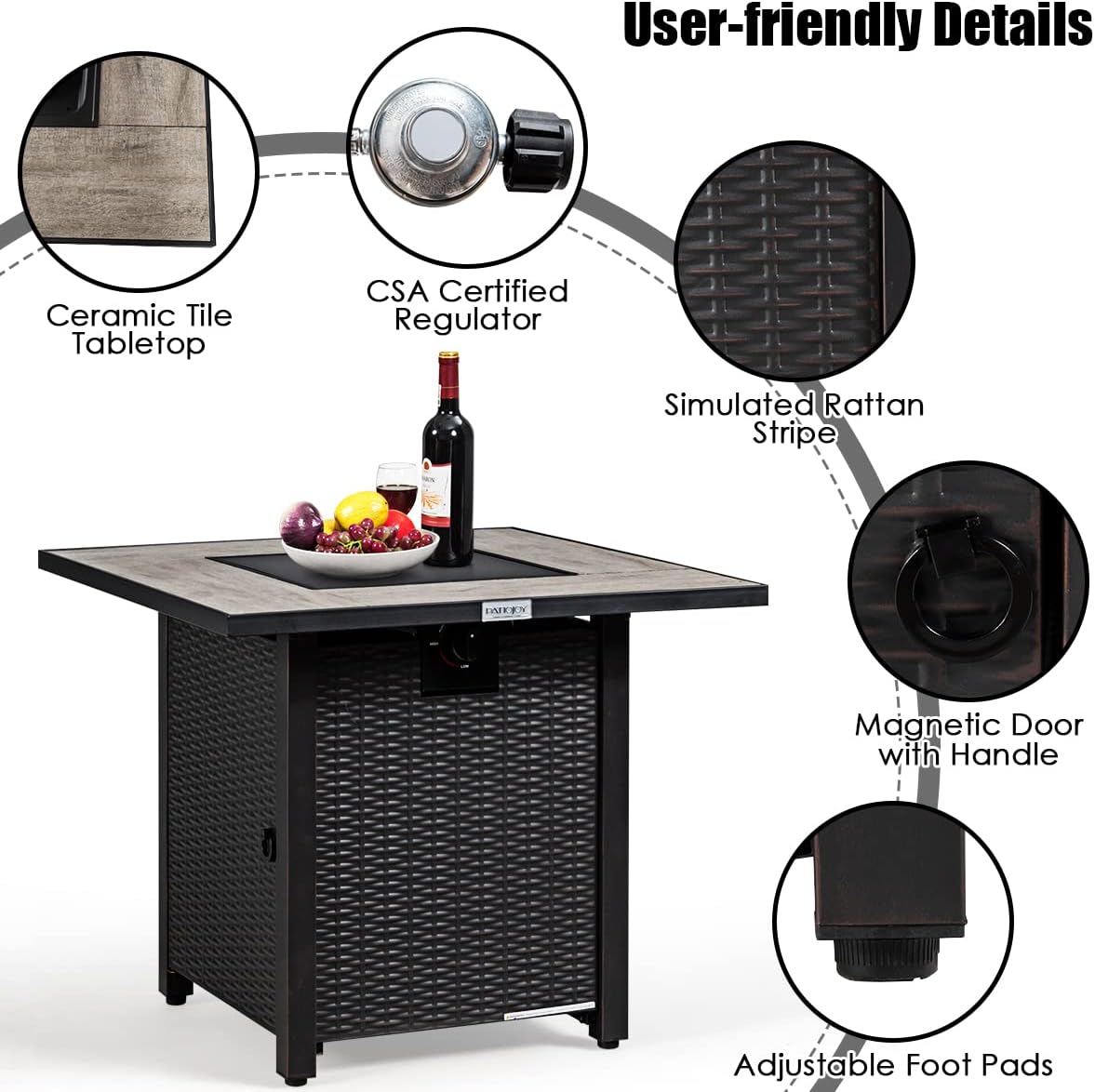 COSTWAY 30' Propane Gas Fire Table, Patio Square Fire Pit Table w/Stainless Steel Burner, 50,000 BTU Heat Output, Elegant Tile Tabletop, PVC Cover Perfect for Poolside, Backyard