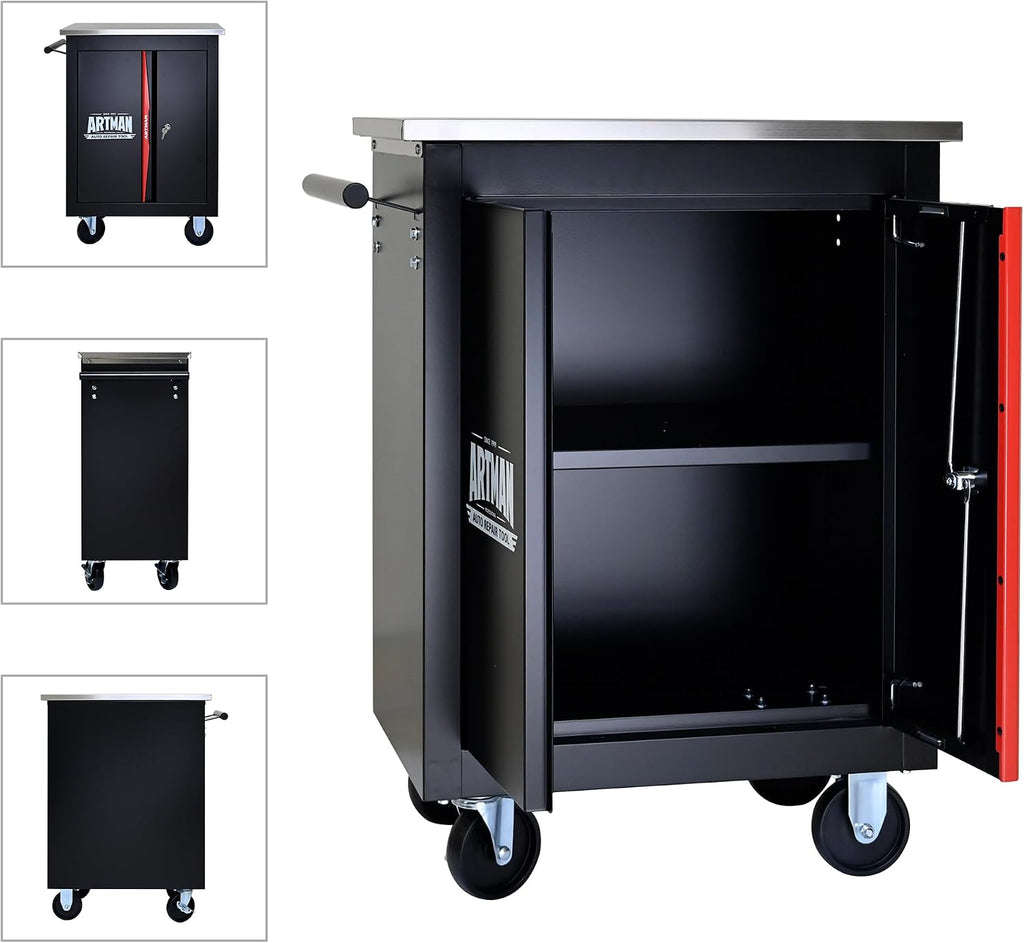 RYH 4/5/6/7 Drawers Rolling Tool Chest -Heavy Duty Mobile Metal Tool Box with Locking Wheels, with Stainless Steel Worktop, Garage Tool Storage Cabinet (Black, 2 Doors 30.7' H×22.2' W)