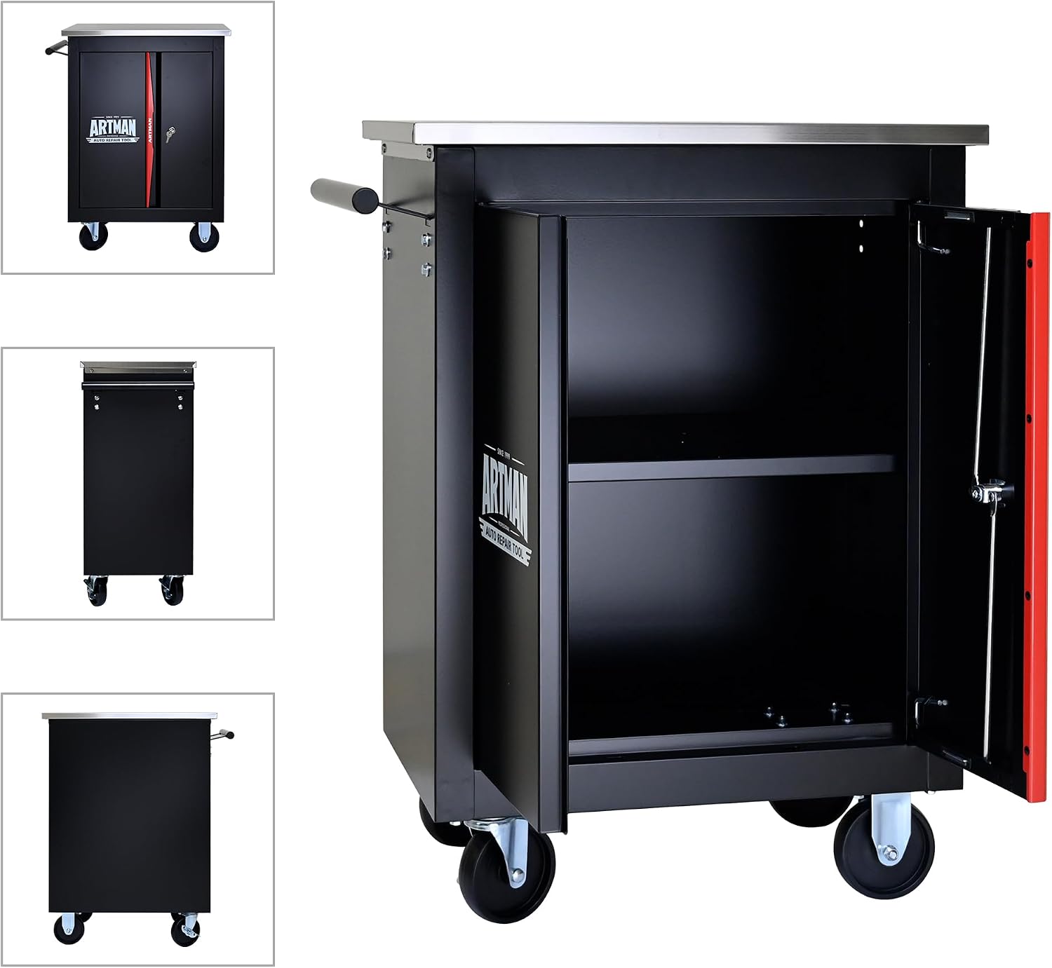 RYH 4/5/6/7 Drawers Rolling Tool Chest -Heavy Duty Mobile Metal Tool Box with Locking Wheels, with Stainless Steel Worktop, Garage Tool Storage Cabinet (Black, 2 Doors 30.7' H×22.2' W)