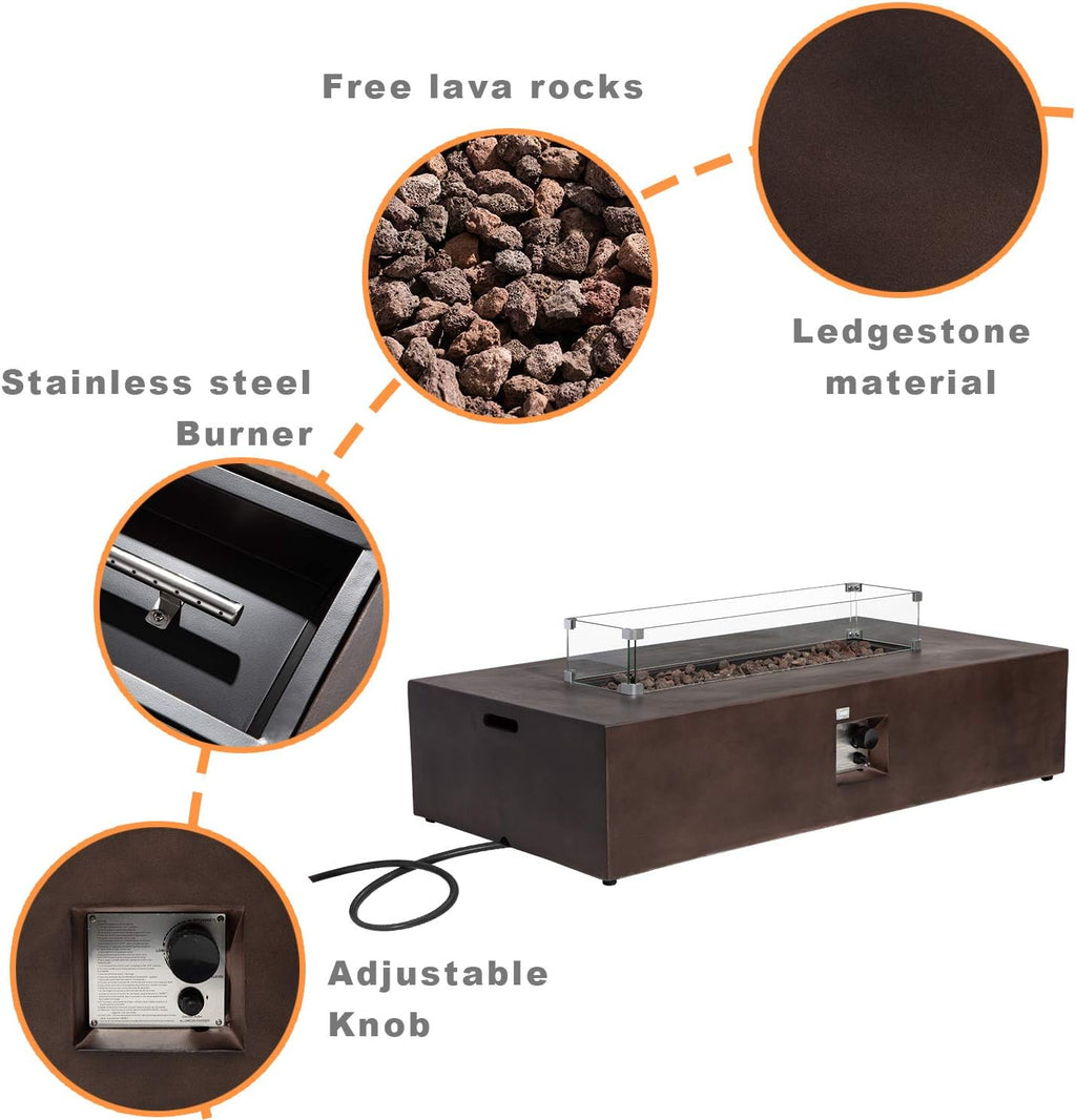 COSIEST Outdoor Propane Fire Pit Table 56' x 28' Rectangle Bronze Compact Concrete-Like Finish, Certified, 50,000 BTU,Wind Guard, Tank Outside, Free Lava Rocks, Fits 20lb Tank Outside, Raincover