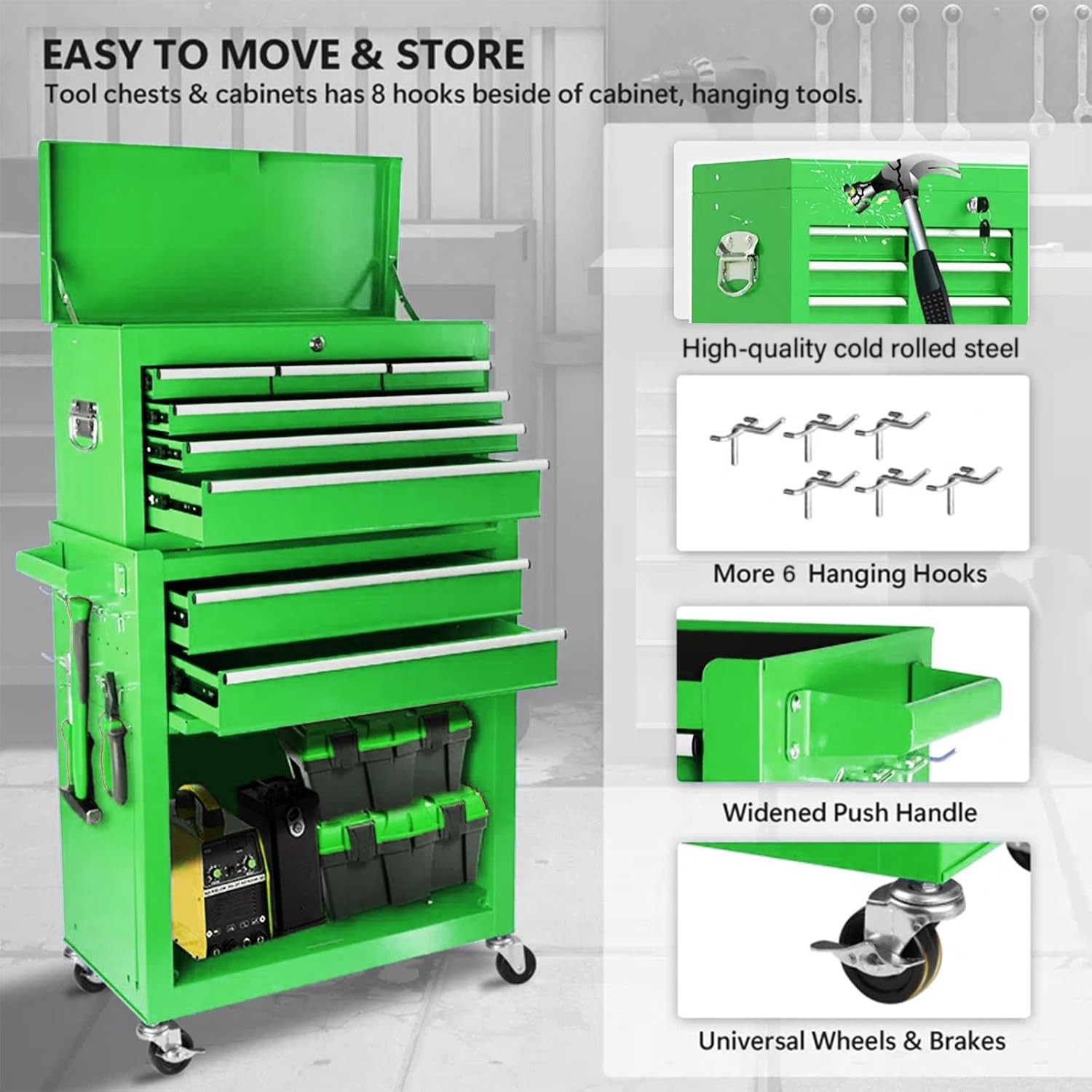 8-Drawer Rolling Tool Chest – 2-in-1 Lockable Tool Box with Wheels, Sliding Drawers & Detachable Top – Garage & Workshop Storage Cabinet, Green