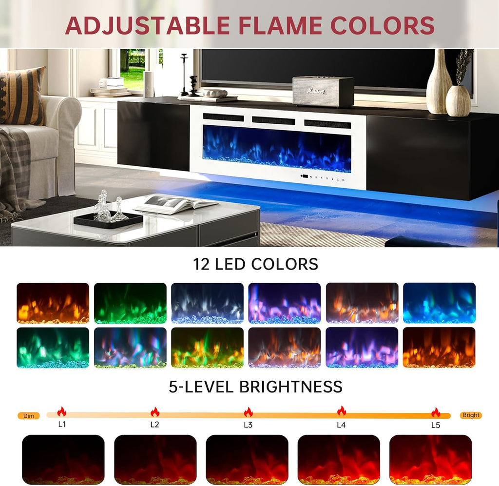 oneinmil 80' Floating TV Stand with 40' Electric Fireplace, Modern Entertainment Center with Storage, Adjustable 12-Color LED Lights, Fire Place TV Console for Living Room, Black+White