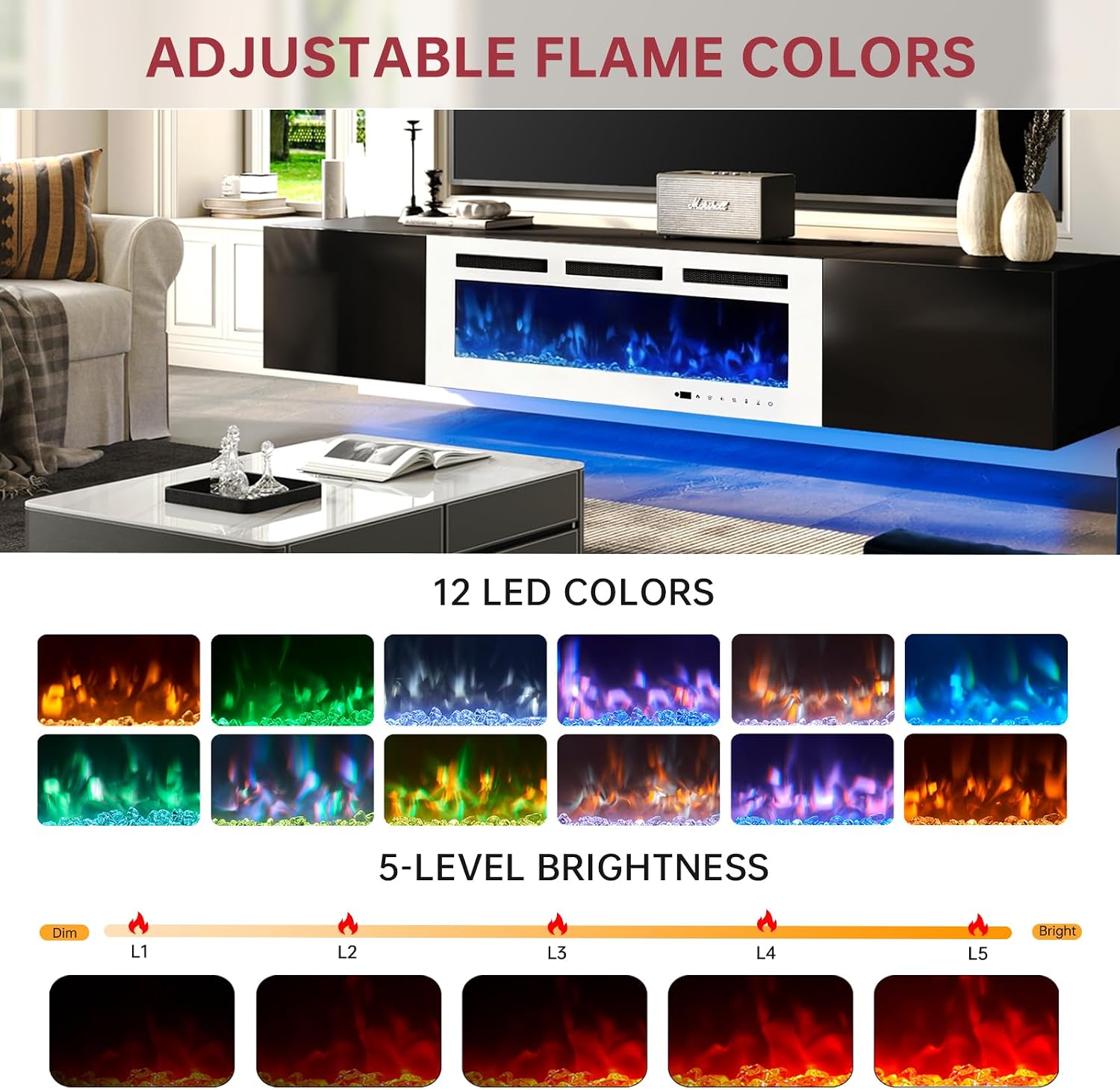 oneinmil 80' Floating TV Stand with 40' Electric Fireplace, Modern Entertainment Center with Storage, Adjustable 12-Color LED Lights, Fire Place TV Console for Living Room, Black+White