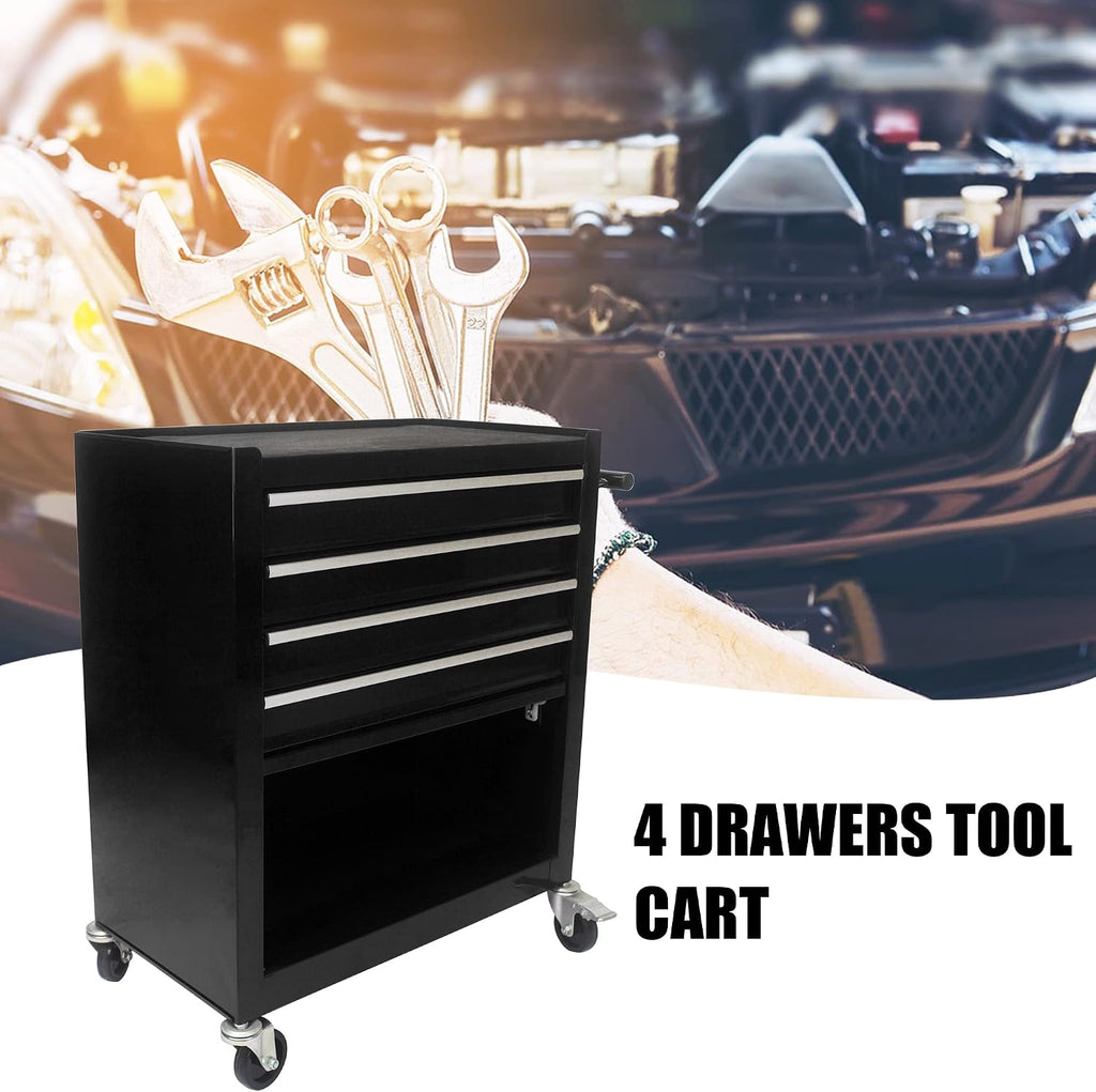 Campfun 4-Drawer Rolling Tool Cart, Metal Tool Storage Organizer Cabinet with Interlock System and Wheels, Multifunctional Mechanic Tool Chest for Garage, Warehouse, Workshop Repair Shop, Black