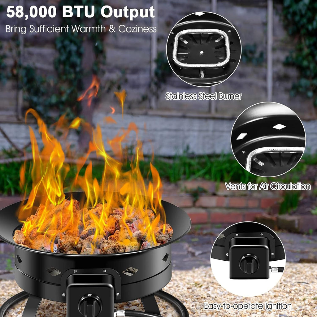 Tangkula Outdoor Portable Propane Gas Fire Pit, 58,000 BTU Gas Fire Pit with Cover, Carry Strap & Lava Rocks, 19 Inch Outdoor Firebowl with Propane Gas Hose & Tank Secure Ring for Camping, Backyard