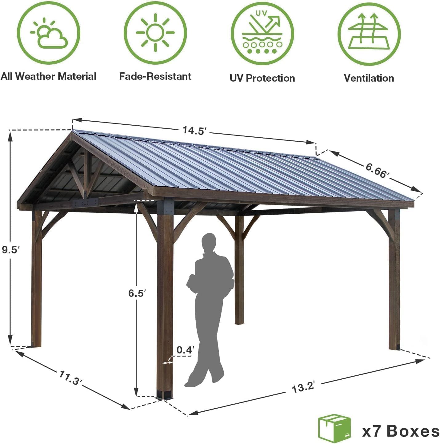 U-MAX 14' x 12' Wood Gazebo on Clearance Pergolas and Gazebos Clearance with Thermal Insulated Polycarbonate Pyramid Hip Roof for Backyard Deck Garden and Patio Dark Brown Roof