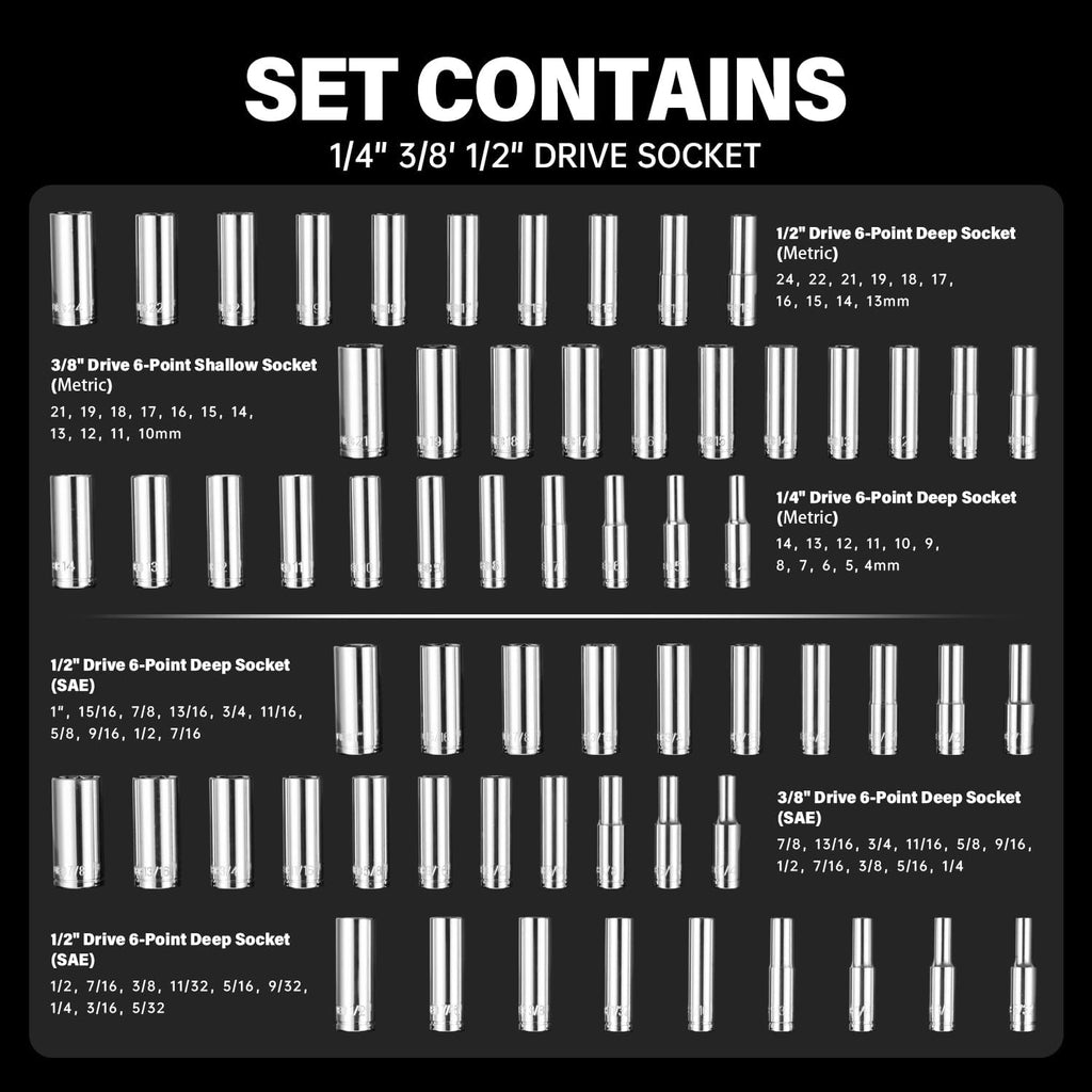264-Piece Mechanics Tool Set, SAE & Metric Impact Socket Set, 1/2'', 1/4'', 3/8'' Drive, Deep & Shallow, CR-V Steel, with 90-Tooth Ratchet, Extension Bar, Universal Joint, with Molded Case