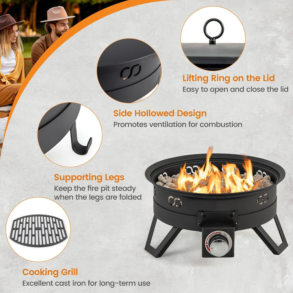 Giantex Portable Propane Fire Pit, 17' Small Outdoor Fire Bowl w/Foldable Legs, Round Fireplace with Lid, Removable Grill, Carry Bag, Lava Rocks, 58000 BTU Smokeless Gas Firepit for Outdoor Camping