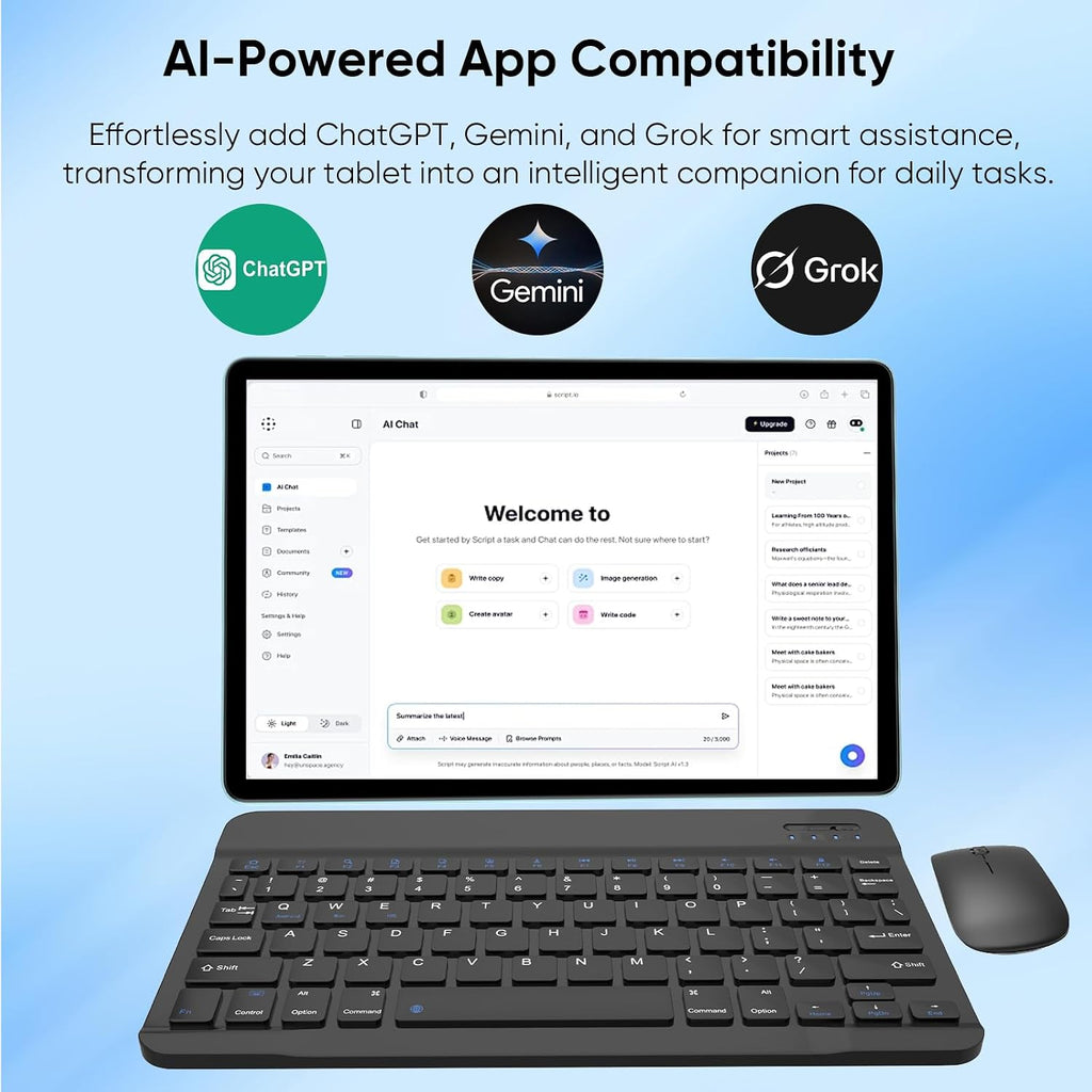 WXUNJA Android 16 Tablet with Keyboard, 11 Inch, 32GB RAM+128GB Storage, 1TB Expand, 8000mAh Battery, 5MP+8MP Camera, Dual Band WiFi 6, IPS Touch Screen, Mouse/Stylus/Case/Charger Inside, Light Blue