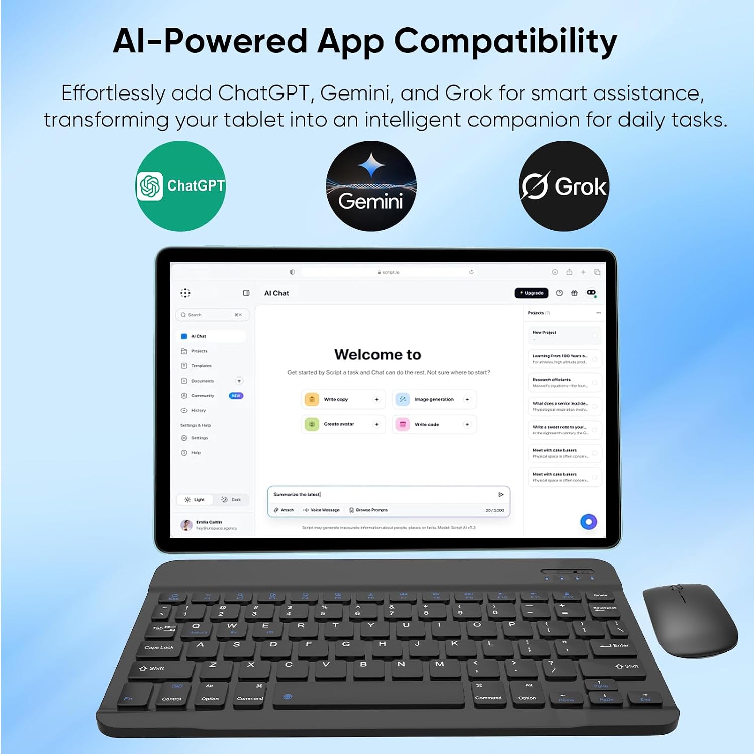 WXUNJA Android 16 Tablet with Keyboard, 11 Inch, 32GB RAM+128GB Storage, 1TB Expand, 8000mAh Battery, 5MP+8MP Camera, Dual Band WiFi 6, IPS Touch Screen, Mouse/Stylus/Case/Charger Inside, Light Blue