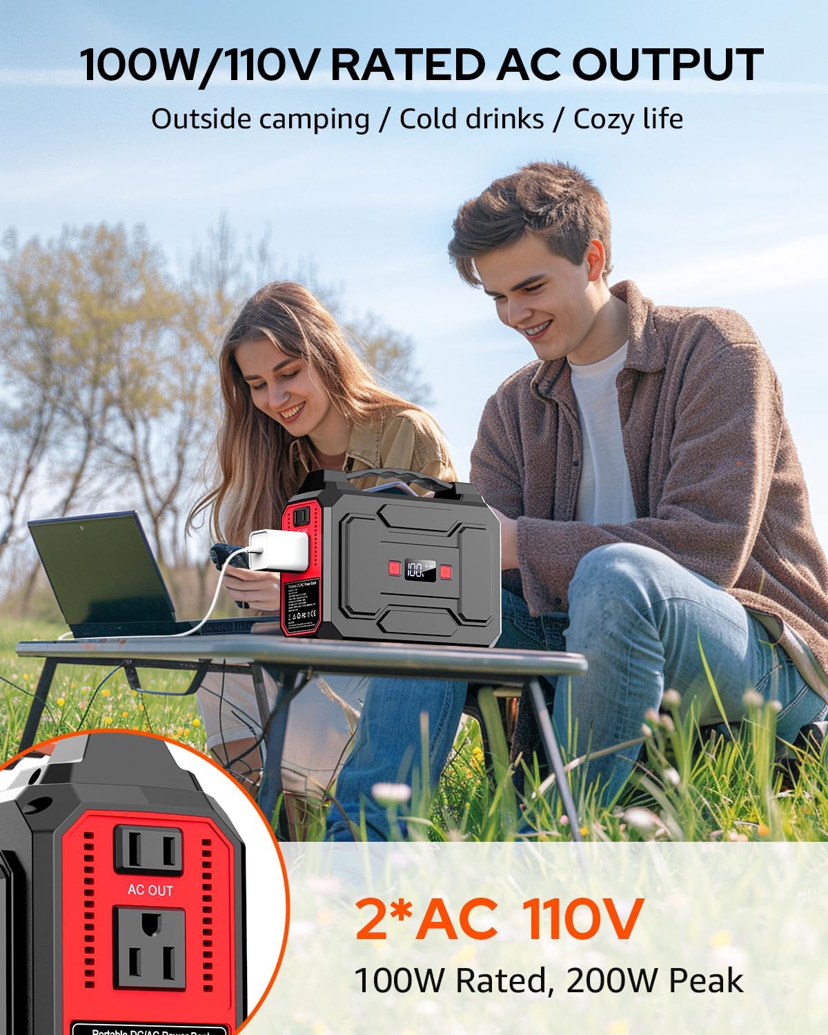 Apowking Solar Powered Generator 200W Peak/100W Rated, Portable Power Station with Solar Panels 60W Included, 146Wh Solar Power Bank with AC Outlet 110V for Home Use Camping Outdoor Adventure