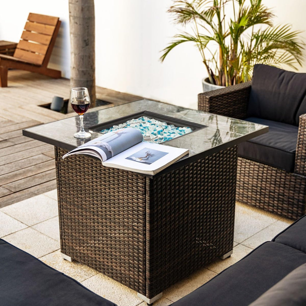 30'' Propane Fire Pit Table, Marble Textured Ceramic Tabletop, 50,000 BTU Fire Table with Brown Wicker, Mix Color Glass Rocks, Including Lid&Cover, Square
