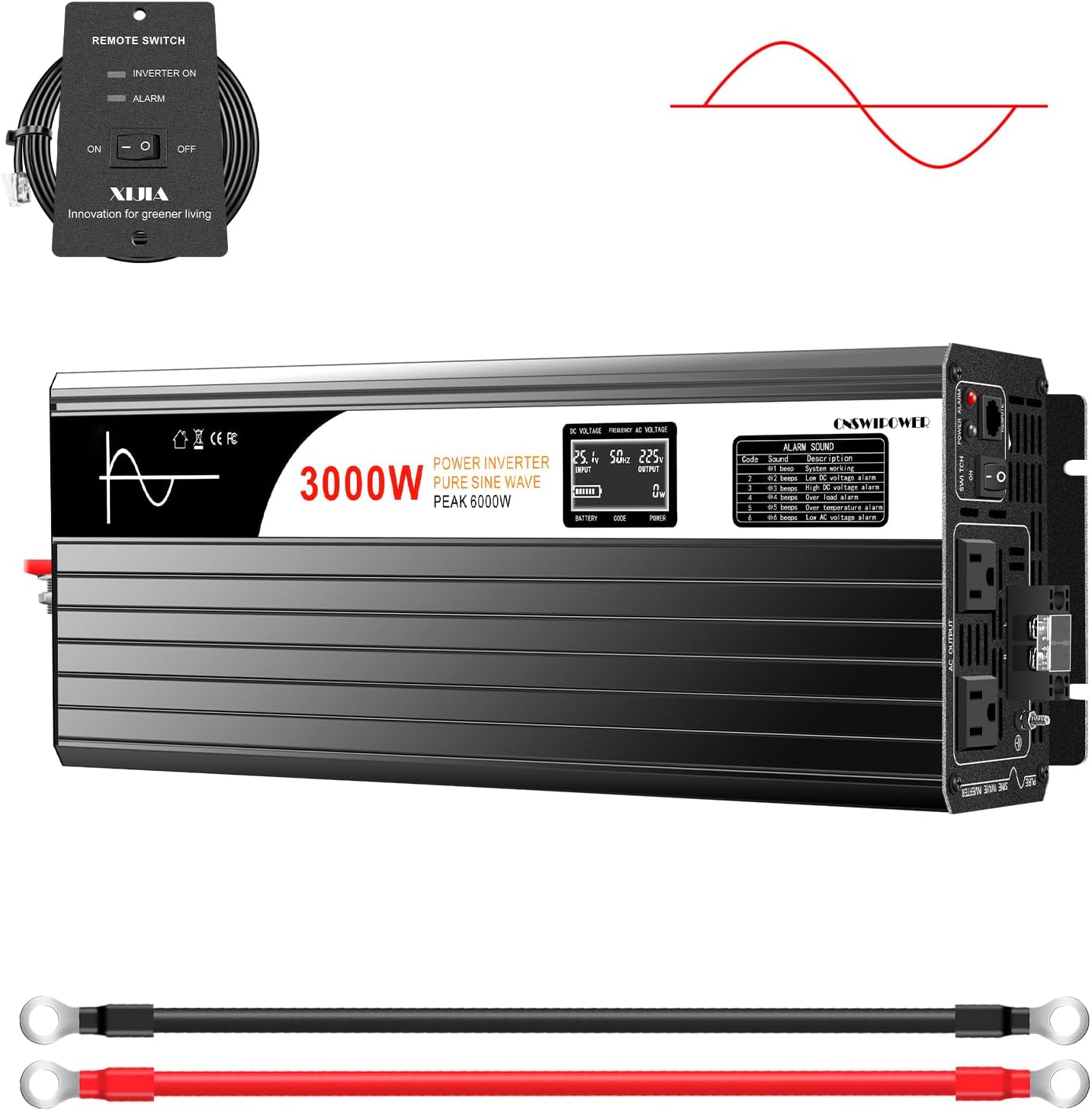 Xijia 3000W Pure Sine Wave Inverter 12V DC to 120V AC Converter for Home, RV, Truck, Off-Grid Solar Power 110V with Smart Bluetooth App Remote Control