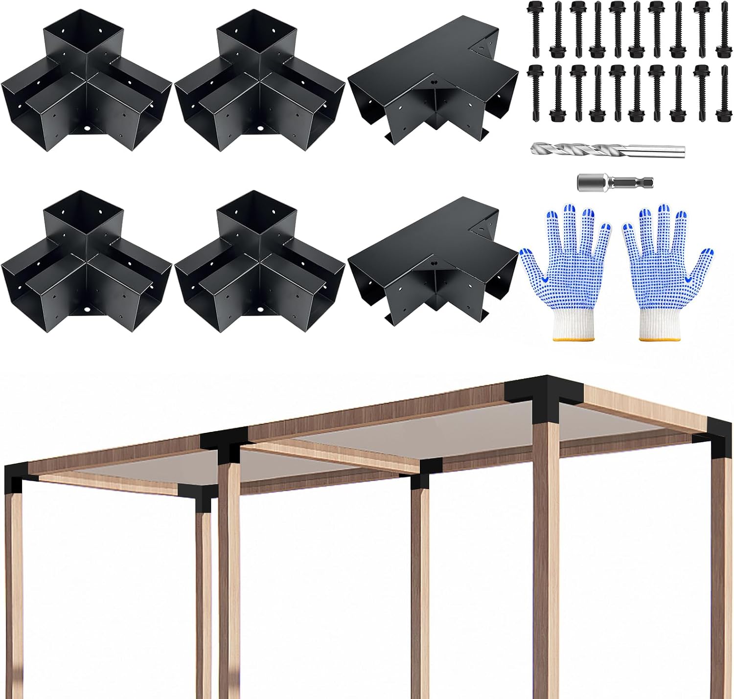 Pergola Bracket kit,3-Way & 4-Way Right Corner Angle Woodwork Bracket for 4' x 4' (Actual: 3.5' x3.5'') Wood Beam for Outdoor Gazebos,Patio Pergolas,Log Cabins - 6Pack
