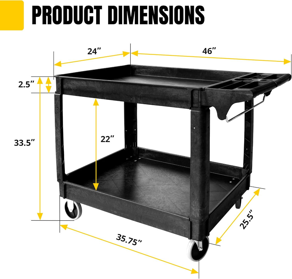 MaxWorks 2‑Tier Heavy‑Duty Utility Service Cart 500 lb Capacity 46' x 25.5' x 33.5' with 5' Swivel Casters and Polypropylene Shelves for Garage Workshop Warehouse Office (80858)