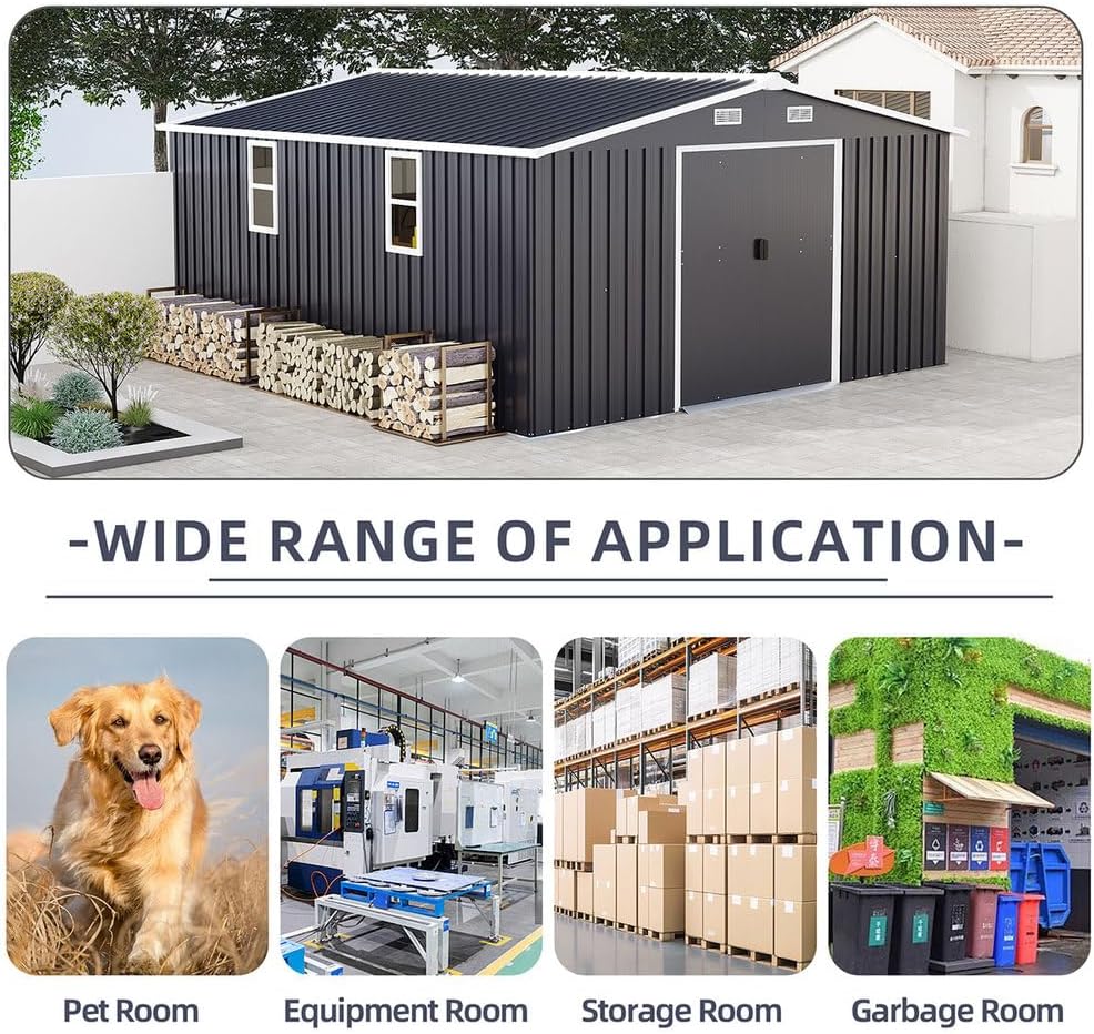 10x12 FT Outdoor Storage Shed, Extra Large Metal Garden Shed with Lockable Doors, Windows & Air Vents, Heavy-Duty Steel Backyard Utility Shed for Tools, Lawn Equipment, Motorcycles, Bikes, Patio,Gray