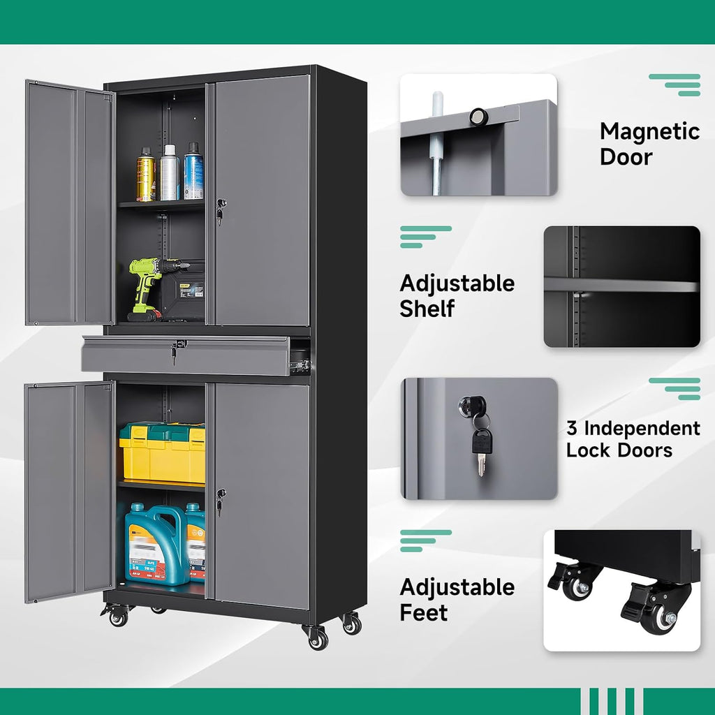 Letaya Metal Garage Storage Cabinet with Wheels,72' Rolling Tool Cabinet with 4 Door Lock-Adjustable Shelves and Drawer for Garage Home Office Utility Room (Black&Gray with Wheels)