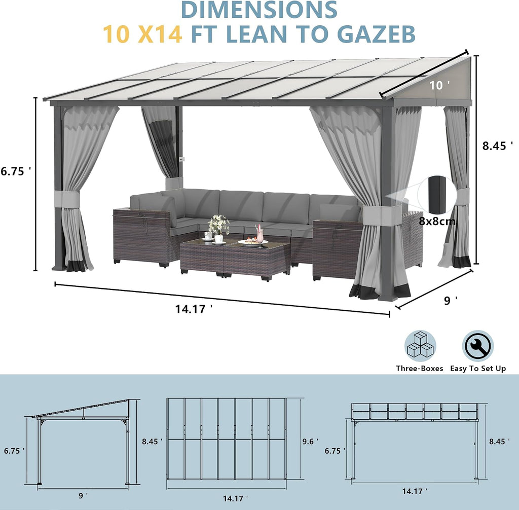 Kurapika 10' x 14' Wall Mount Gazebo Outdoor Pergola, Hardtop Lean to Gazebo Canopy Awnings with Sloped Roof and Sturdy Steel Frame, for Patio, Porch, Deck, Backyard(Grey)