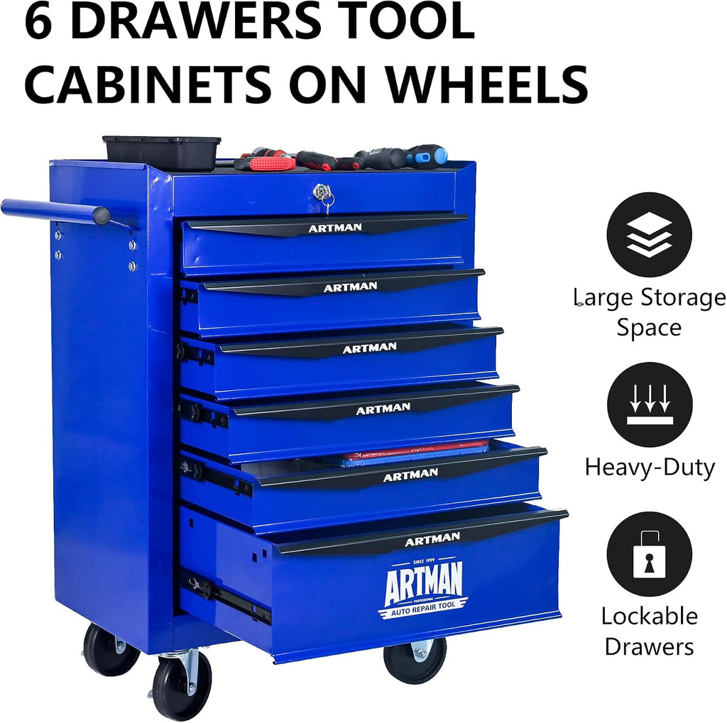 Rolling Tool Box with Wheels, Mechanics Tool Chest with 6 Drawers, Tool Box Organizer with 7 Tool Storage Boxes, Lockable Tool Storage Cabinet for Home Garage Workshop Warehouse Repair Shop, Blue