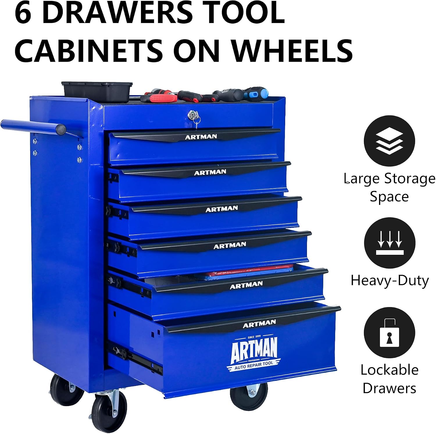 Rolling Tool Box with Wheels, Mechanics Tool Chest with 6 Drawers, Tool Box Organizer with 7 Tool Storage Boxes, Lockable Tool Storage Cabinet for Home Garage Workshop Warehouse Repair Shop, Blue