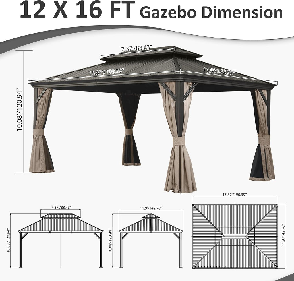LifeSky 12x16FT Hardtop Gazebo: Metal Outdoor Shelter with Drainage System & Galvanized Steel Roof - Detachable Curtains & Netting for Patio Garden Backyard Use by Vacation Rental Owners