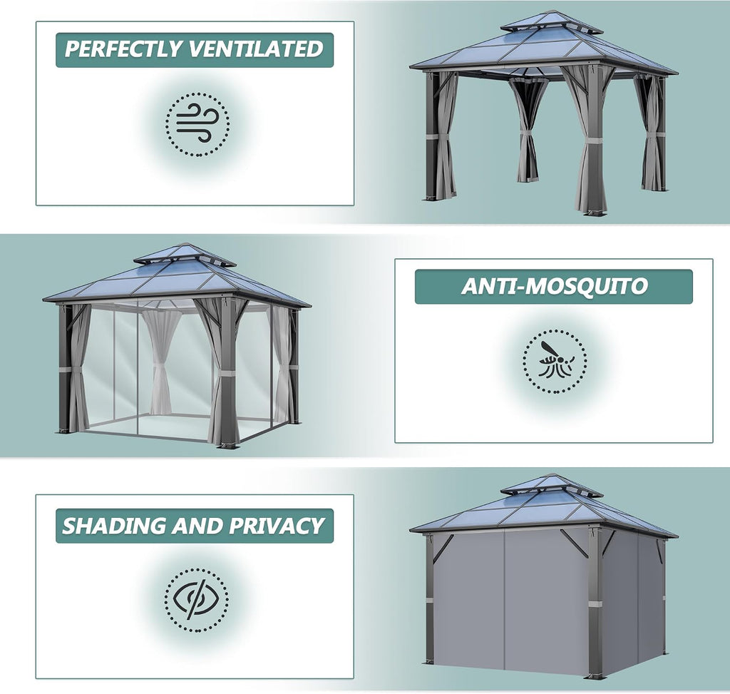 10'x10' Hardtop Gazebo, Outdoor Polycarbonate Double Roof Gazebos with Netting and Curtains, Heavy Duty Metal Pavilion for Patio, Backyard, Deck and Lawn