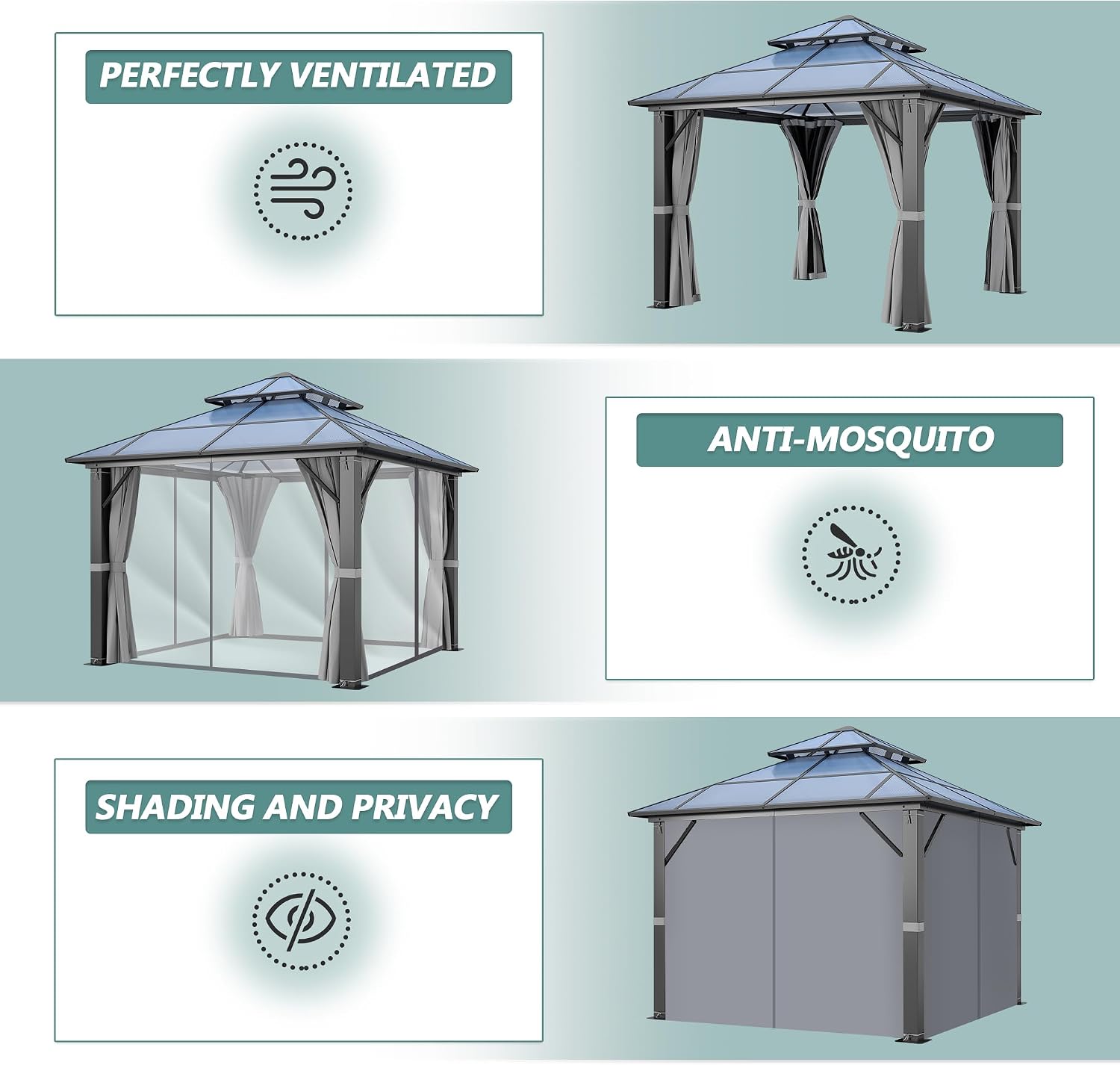 10'x10' Hardtop Gazebo, Outdoor Polycarbonate Double Roof Gazebos with Netting and Curtains, Heavy Duty Metal Pavilion for Patio, Backyard, Deck and Lawn