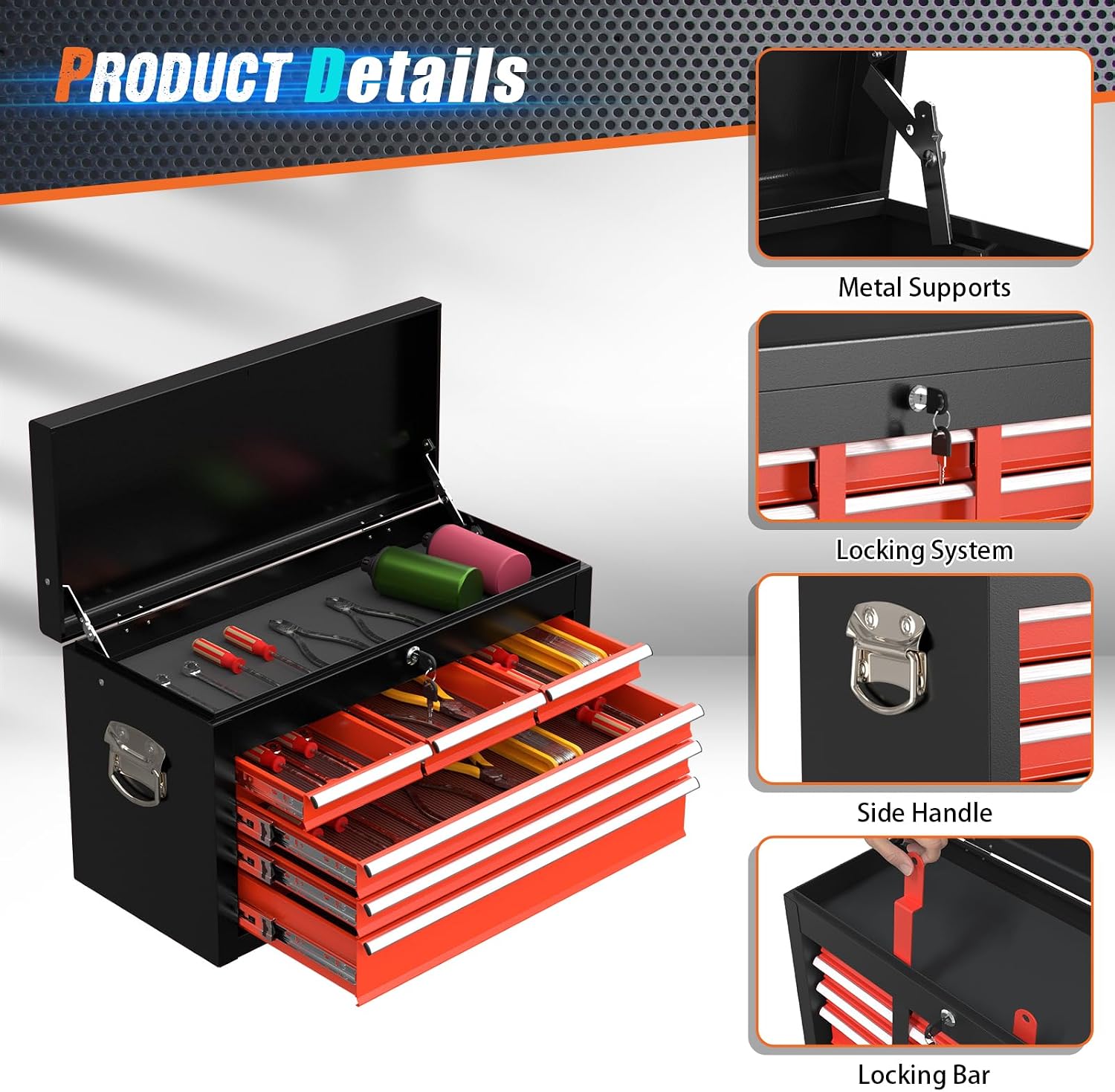 8-Drawer Rolling Tool Chest with Wheels, 2-in-1 Detachable Tool Box with Drawers and Large Cabinet, Rolling Tool Chest Storage Cabinet with Lockable for Warehouse, Garage, Workshop (BlackRed)