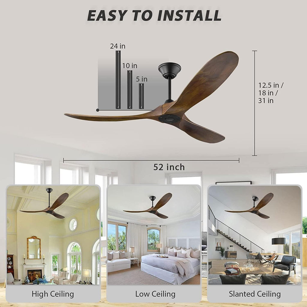 52 Inch Wood Ceiling Fan no Light, Indoor Outdoor Ceiling Fans for Patios without Lights with Remote, 3 Blades Walnut Ceiling Fan with Reversible DC Motor for Farmhouse Gazebo Porch Home