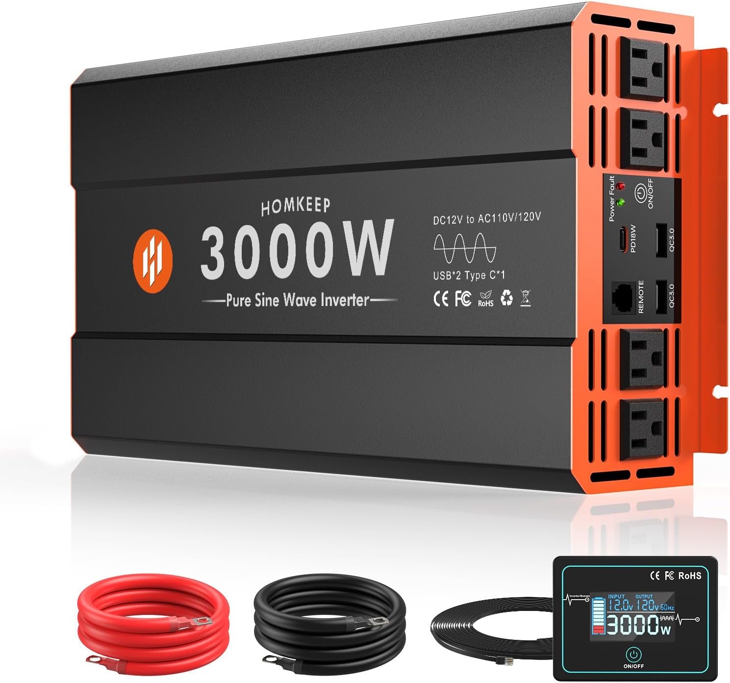 3000W Pure Sine Wave Power Inverter 12V DC to 110V AC Converter Peak Power 6000W for RV Truck Off-Grid Solar Car Inverter with 4 AC Outlets, 2 USB & 1 Type-C Ports, Cables Included, Remote Controller