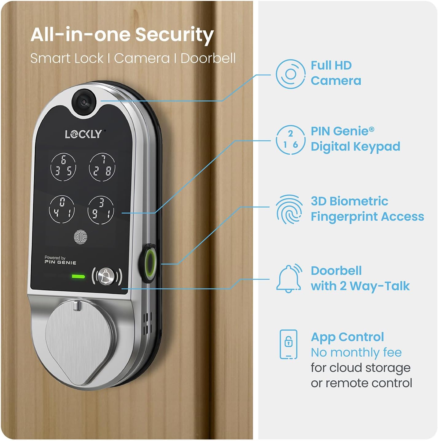 Lockly Vision Smart Lock, HD Video Doorbell Smart Locks for Front Door, Fingerprint Door Lock, Touchscreen Keypad, App Control, No Monthly Fee, Auto Lock - Satin Nickel