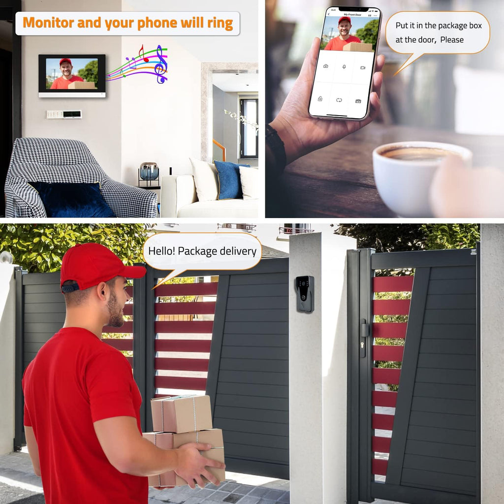 Wireless IP Video Doorbell Intercom System, WiFi 7 Inch Monitor with Metal HD Door Camera (Wired Power), Video Intercom with 32G Card Record, APP Remote 2-Way Audio, Unlock for Home Security System