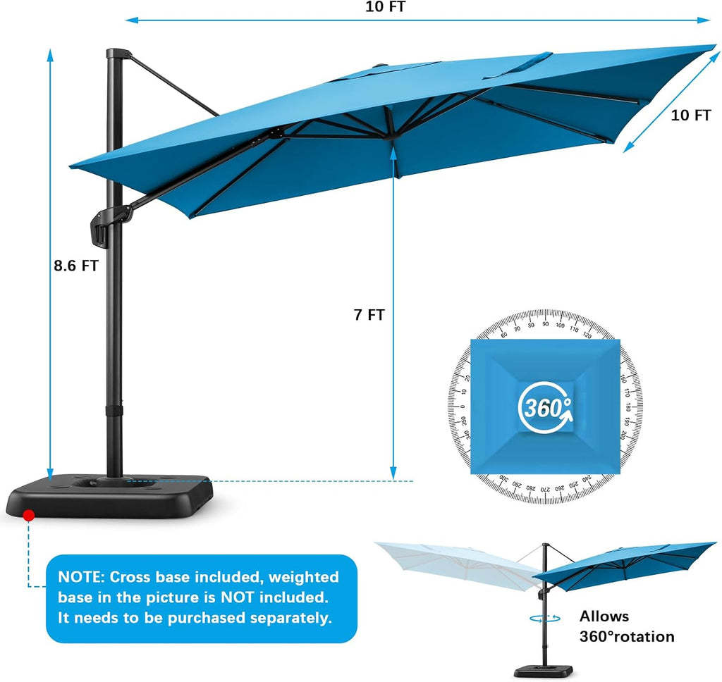 Hoteel 10ft Patio Umbrella Heavy Duty Aluminum Windproof & Shade Provision Outdoor Cantilever Square Offset Large Umbrella Height Adjustable with 360°Rotation for Patio Pool Deck Gazebo, Light Blue