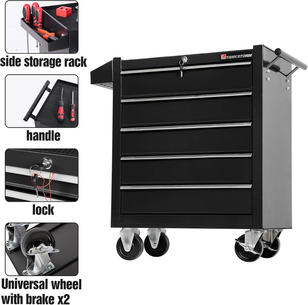 5-Drawer Rolling Tool Chest with Wheels, Heavy Duty Lockable Metal Tool Cabinet, Rolling Tool Box Organizer for Garage, Workshop, Repair Shop, Black