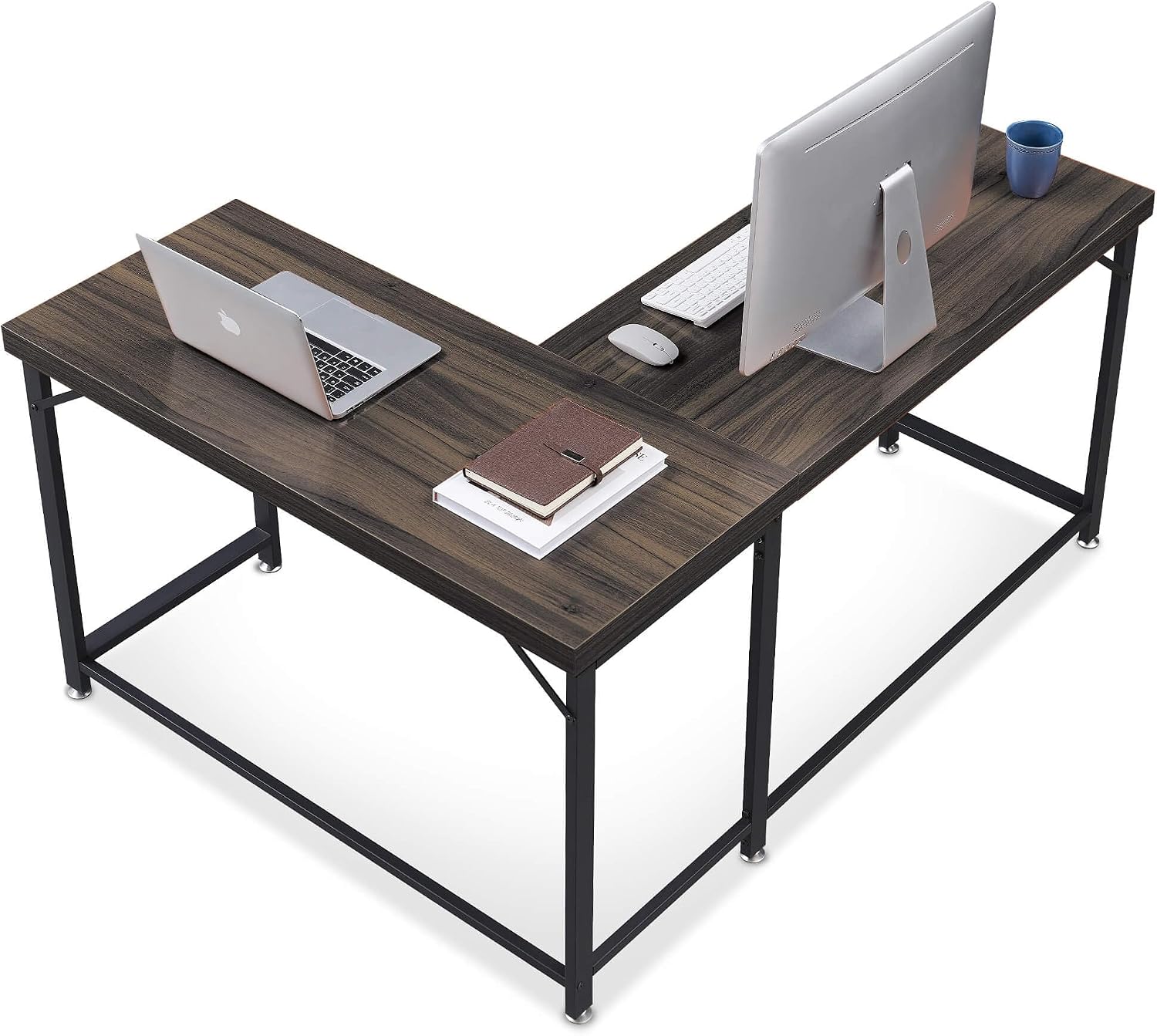 ivinta L Shaped Desk, Modern Corner Home Office Computer Desk with 2' Thicker Desktop for Study Work, Simple Reversible Worksation with Metal Frame for Bedroom Living Room Novas (Brown)